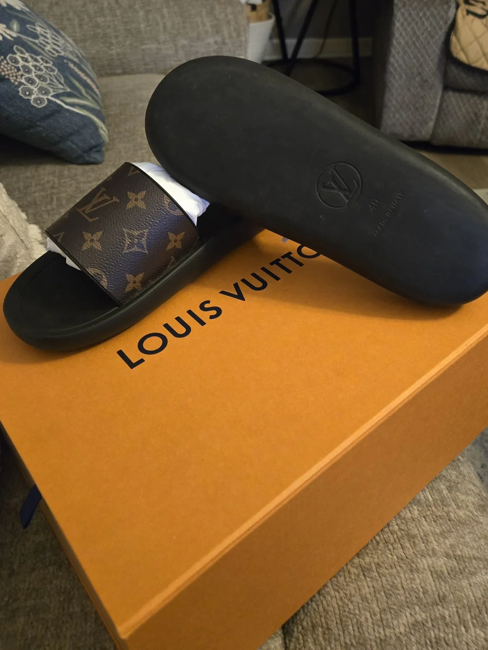 Louis Vuitton Brown Monogram Slide Sandals with Black Footbed